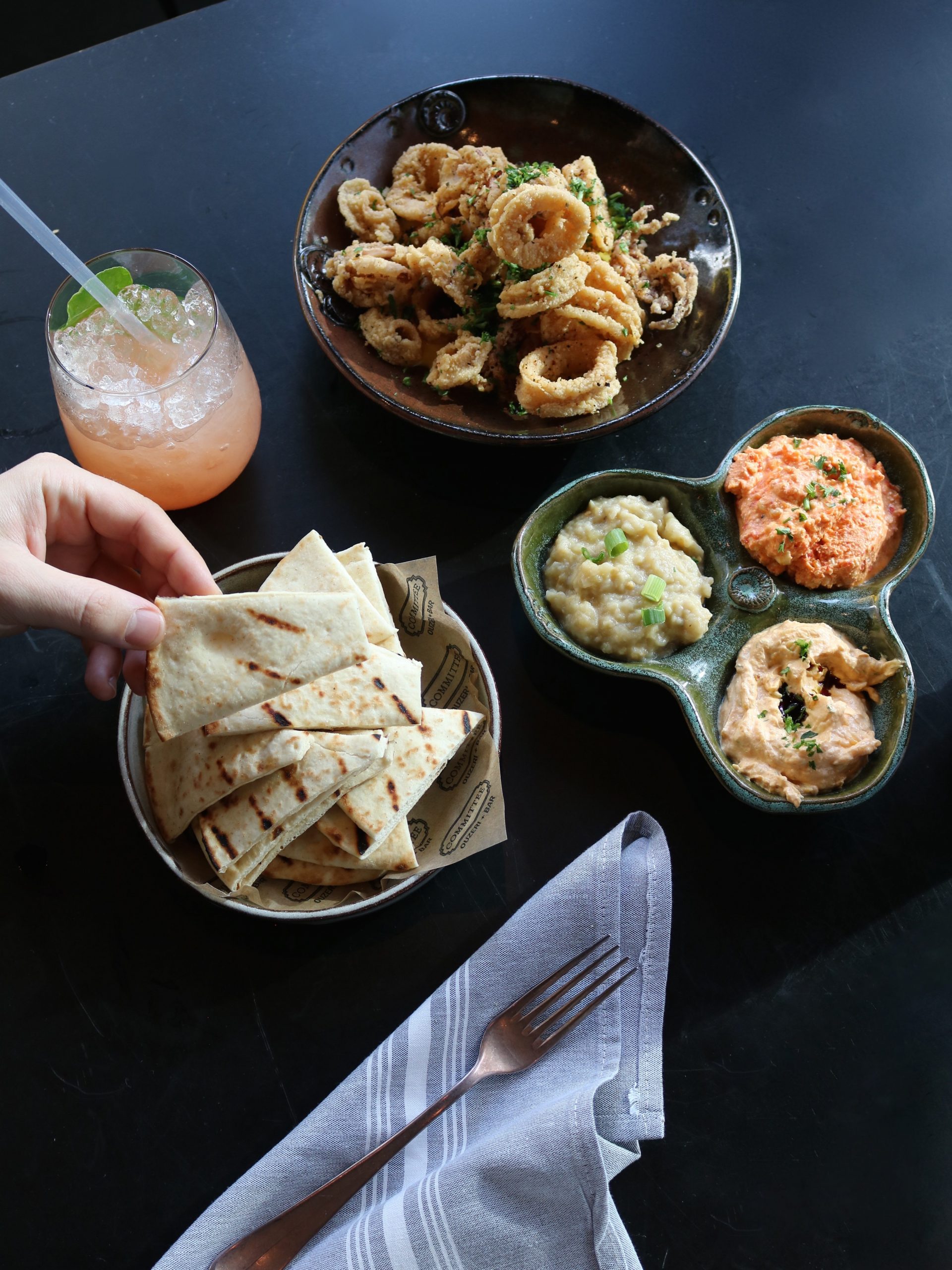 Fried Calamari with Pita and Dips at Committee - Mediterranean Food in Boston's Seaport District