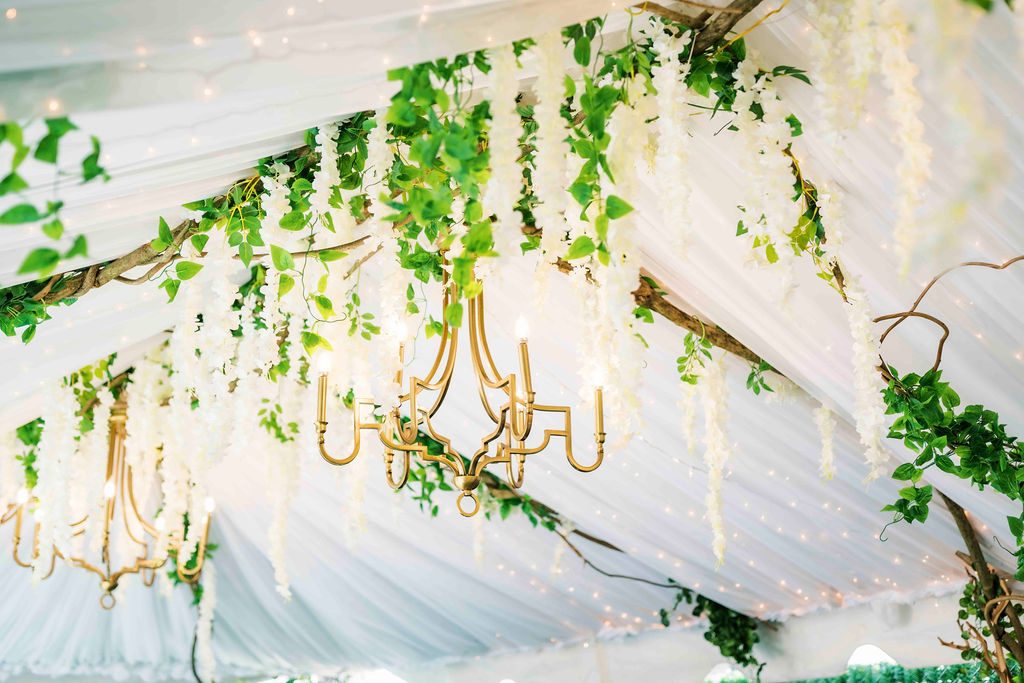 Floral Garland Decor under outdoor dining tent at ITA Kitchen in Bay Shore, Long Island, New York