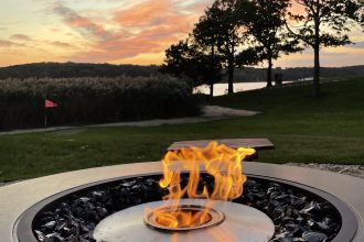 Fire Pit Flame with Vibrant Sunset - Photo by Linda Zuckerman of The Luxury Lifestyle Magazine for Modern Blaze