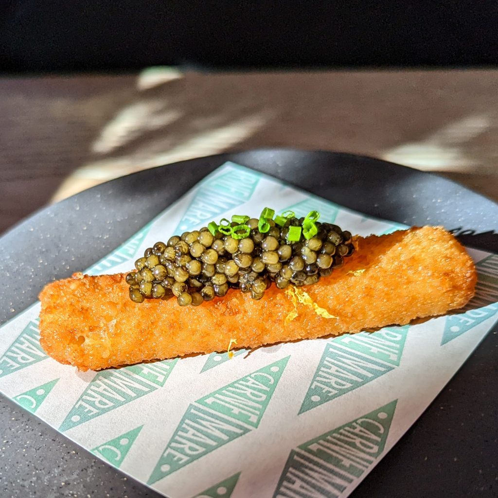 Mozzarella Stick with Caviar at Carne Mare, Brunch in New York City Seaport District