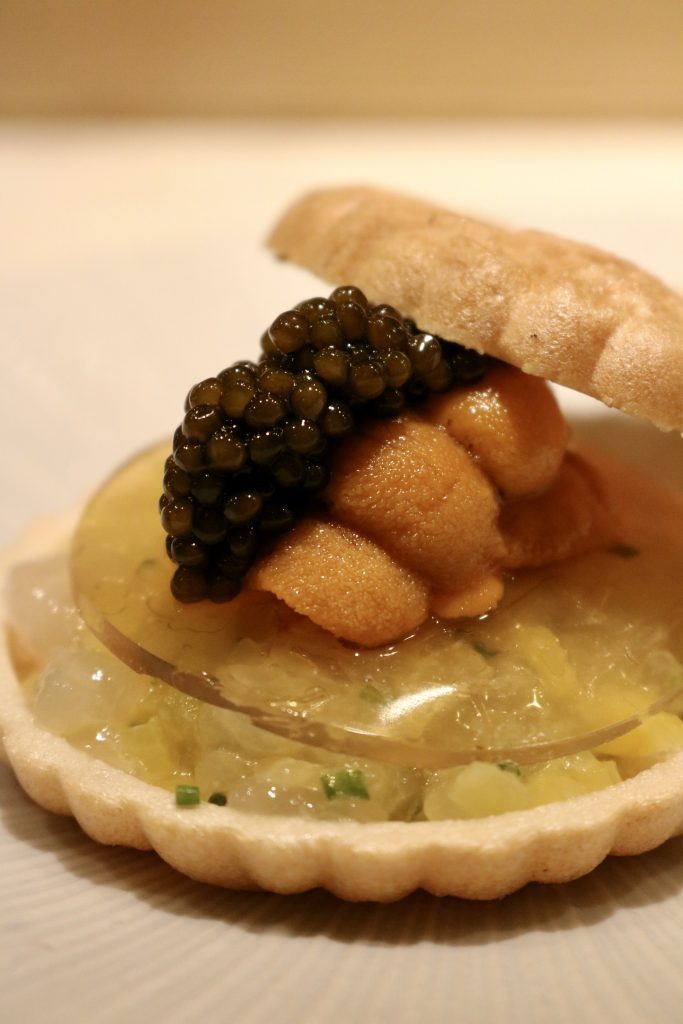 Sakizuke Course with Uni and Caviar - Sushi at Koyo Kaiseki inspired Omakase restaurant in New York.