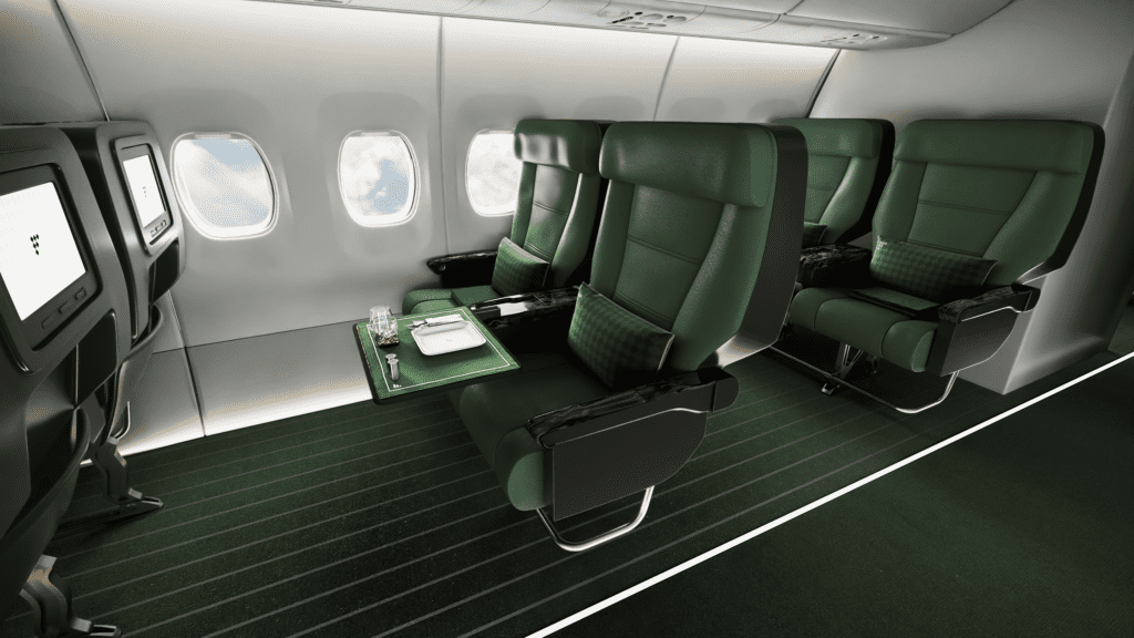 The Fleets Club Luxury Boeing 737 Interior, Two by Two First-Class Private Jet Configuration with Loro Piana Green Seating