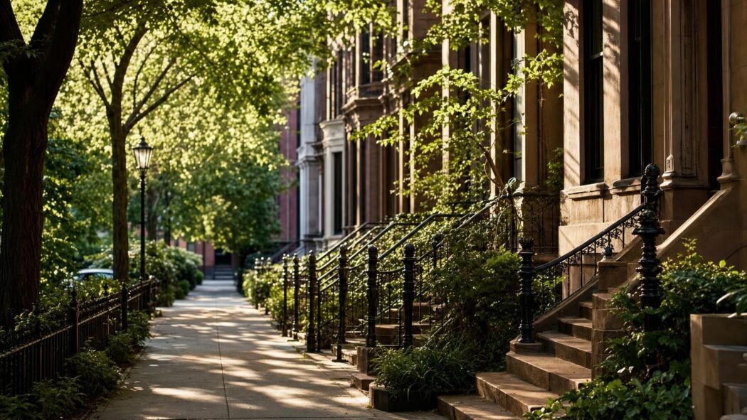 Tree-lined Manhattan townhouse street with brownstone steps and iron railings