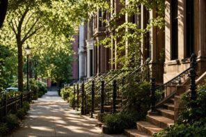 Tree-lined Manhattan townhouse street with brownstone steps and iron railings
