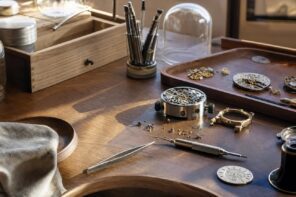 Watchmaking tools and disassembled watch parts on a wooden workbench
