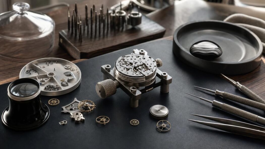 Watch movement and watchmaking tools on a workbench