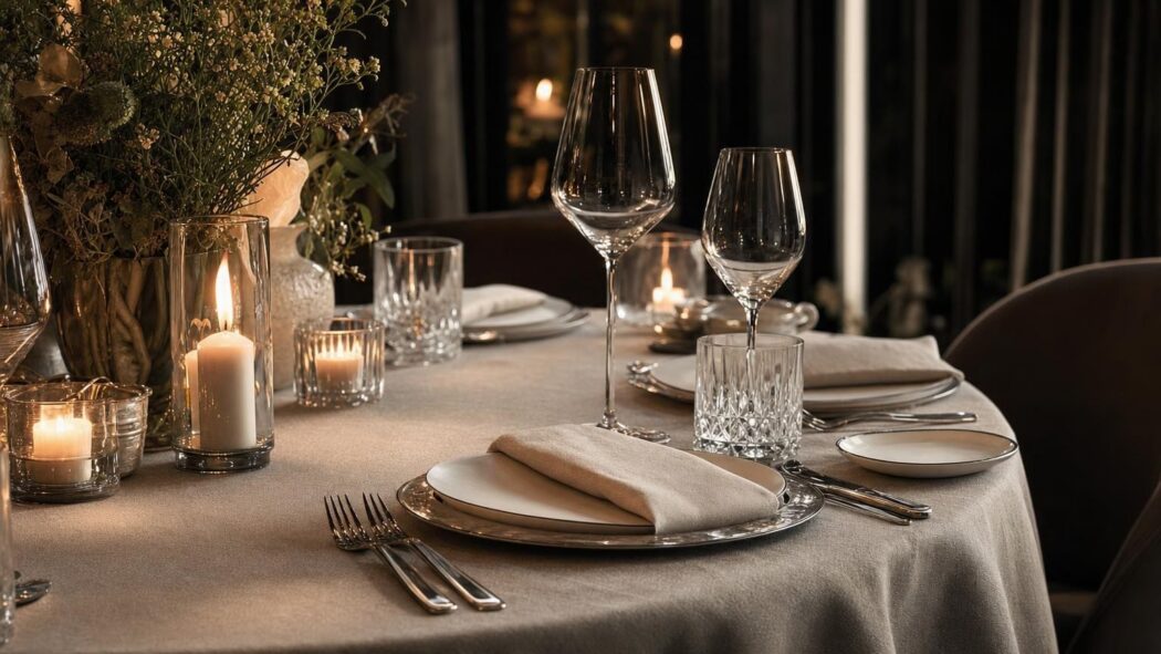 Elegantly set dining table with wine glasses, candles, and flowers