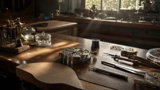 Watchmaking tools and watch movement parts on a wooden workbench in a sunlit workshop