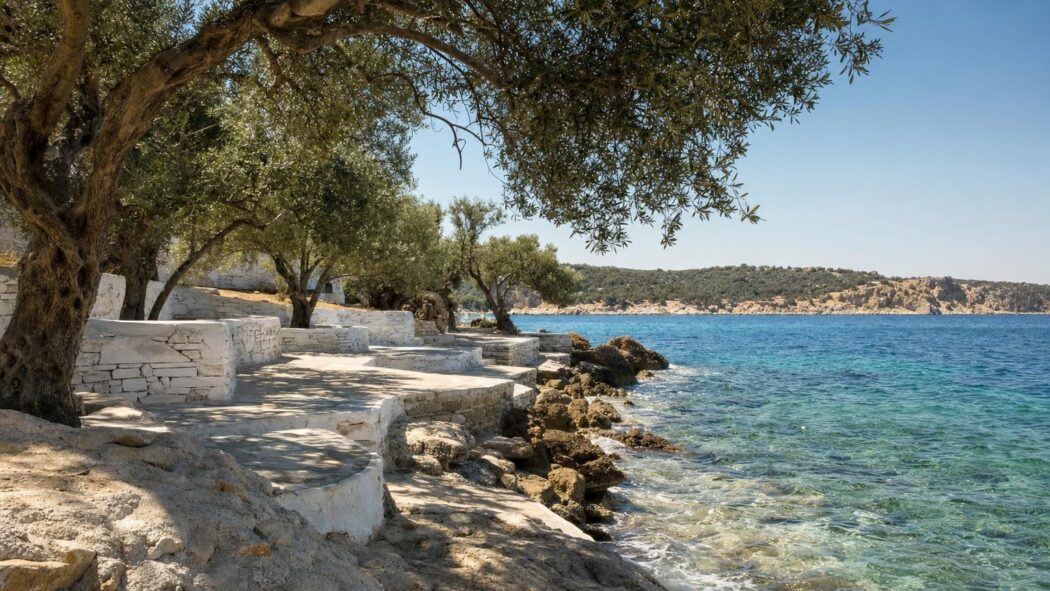 Adriatic coast with olive trees and stone terraces by the sea