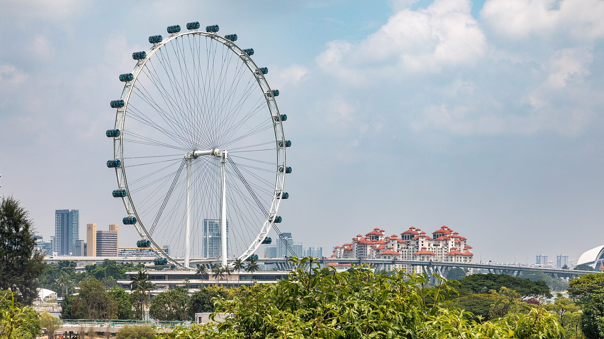 Singapore Flyer Ferris wheel with city skyline and trees