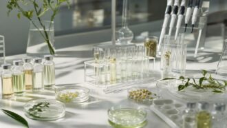 Laboratory glassware and test tubes with plants and pipettes on a white table
