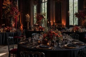 Gala tables with dark floral centerpieces and candlelight in a grand hall