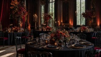 Gala tables with dark floral centerpieces and candlelight in a grand hall