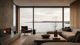 Modern living room with large windows, fireplace, and view of water and mountains