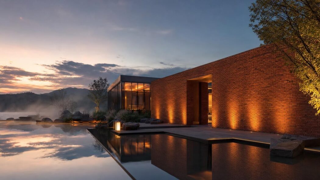 Modern brick building with large windows beside a reflective pool at sunset