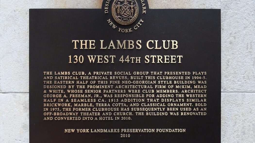 Bronze plaque for The Lambs Club at 130 West 44th Street