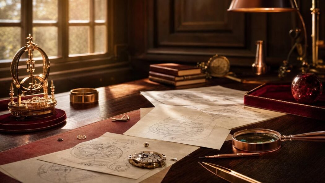 Desk with watchmaking sketches, tools, and a mechanical timepiece in warm lighting