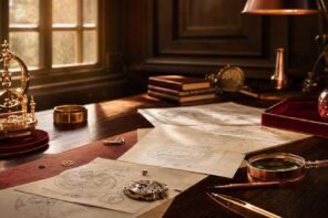 Desk with watchmaking sketches, tools, and a mechanical timepiece in warm lighting