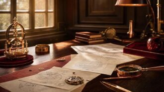 Desk with watchmaking sketches, tools, and a mechanical timepiece in warm lighting