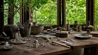 Jewelry workshop table with tools and metal pieces by a window with greenery