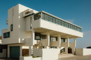 Lovell Beach House with green-framed windows and elevated structure in Newport Beach