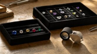 Loose gemstones in black trays and a jeweler's loupe on a wooden table