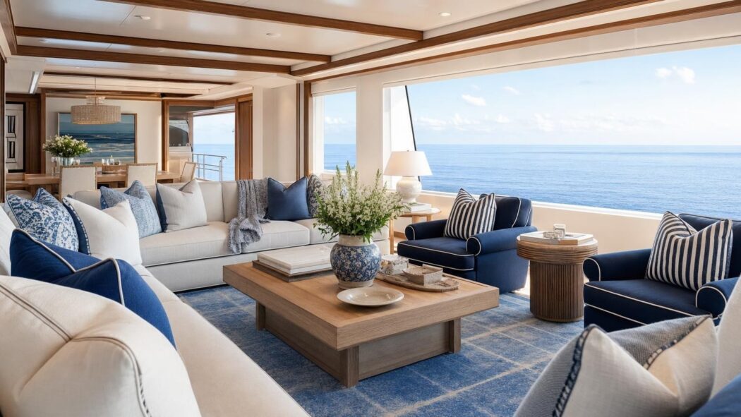 Grand Hamptons Villa living room with ocean view, blue and white furnishings, and large windows