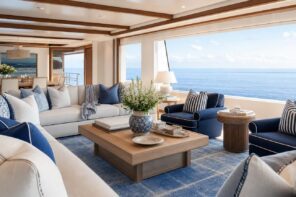 Grand Hamptons Villa living room with ocean view, blue and white furnishings, and large windows