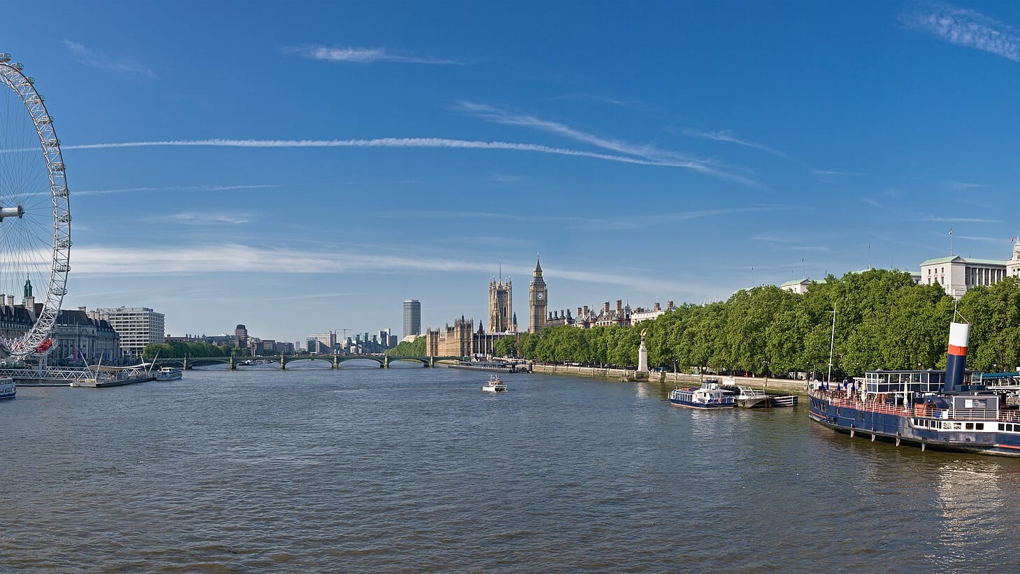 London Eye and boats on the River Thames with cityscape in the background