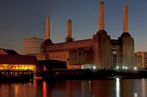 Battersea Power Station at night in Nine Elms, London, seen from across the Thames