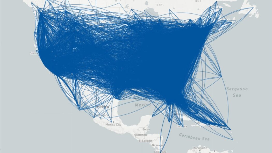 PlaneSense 2025 map of travel across the U.S. and beyond with dense blue flight paths