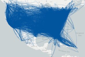 PlaneSense 2025 map of travel across the U.S. and beyond with dense blue flight paths