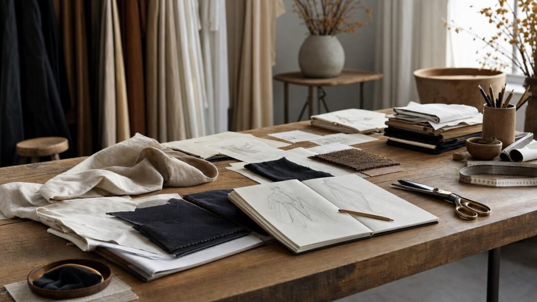 Designer workspace with fabric swatches, sketches, scissors, and measuring tape on a wooden table
