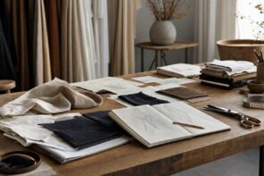 Designer workspace with fabric swatches, sketches, scissors, and measuring tape on a wooden table