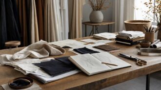 Designer workspace with fabric swatches, sketches, scissors, and measuring tape on a wooden table