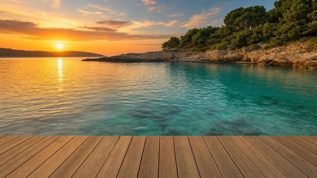 Wooden deck facing a tranquil bay at sunset with rocky shore and trees