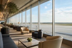 United Airlines lounge at Houston airport with panoramic airfield views and modern seating
