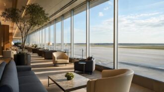 United Airlines lounge at Houston airport with panoramic airfield views and modern seating
