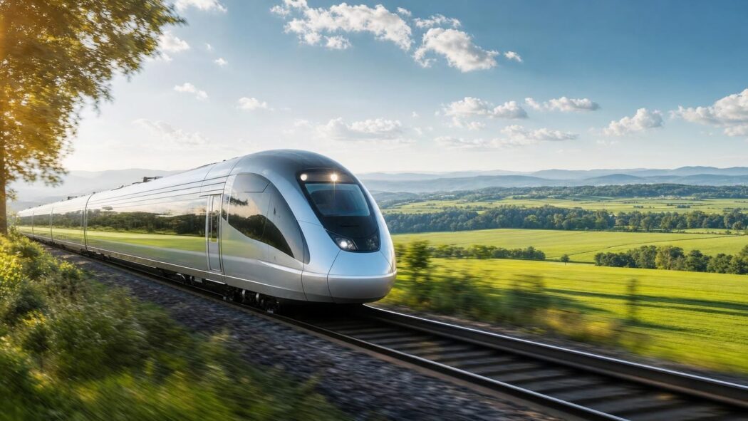 Virgin high-speed train traveling through countryside