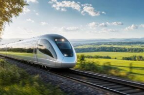 Virgin high-speed train traveling through countryside